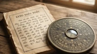 Cuốn sổ tử vi trọn đời tuổi tân hợi 1971 nam mạng cùng la bàn phong thủy trên bàn gỗ
