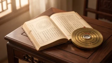 Cuốn sổ tử vi trọn đời tuổi tân mão 1951 nữ mạng đặt trên bàn gỗ chạm khắc cùng la bàn phong thủy bằng đồng