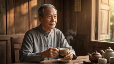 Cụ ông tượng trưng cho tử vi trọn đời tuổi Tân Tỵ 1941 nam mạng thư thái thưởng trà trong không gian bình yên