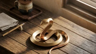 Biểu tượng rắn bằng đồng đại diện cho tử vi trọn đời tuổi tỵ đặt trên bàn gỗ truyền thống