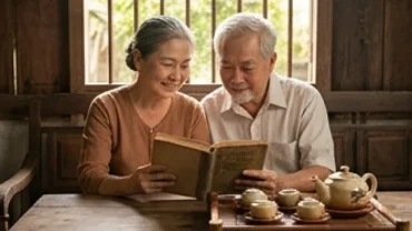Ông bà tuổi Ất Dậu 1945 xem tử vi năm 2026 bên ấm trà nóng trong không gian bình yên