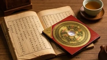 Lá số tử vi tuổi ất hợi 1995 năm 2027 đặt trên bàn gỗ cùng các vật phẩm phong thủy truyền thống