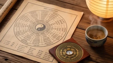 Lá số tử vi tuổi ất mão 1975 năm 2026 được bày trên bàn gỗ cổ cùng la bàn phong thủy và tách trà
