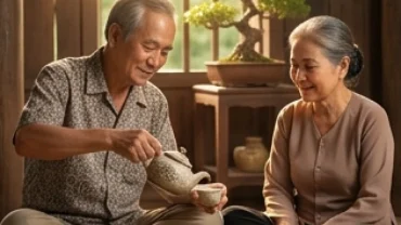 Cụ ông và cụ bà xem tử vi tuổi ất mùi 1955 năm 2026 bên ấm trà truyền thống trong không gian thanh tịnh