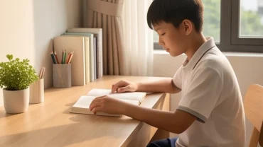 Phụ huynh hướng dẫn bé gái học bài trong không gian sáng sủa, đại diện cho tử vi tuổi Ất Mùi 2015 năm 2026