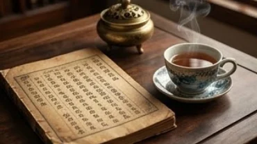 Cuốn sổ tử vi tuổi ất tỵ 1965 năm 2026 đặt trang trọng trên bàn gỗ cổ bên cạnh tách trà sen đang tỏa khói