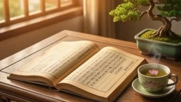 Cuốn sách tử vi tuổi ất tỵ 1965 năm 2027 đặt trên bàn gỗ truyền thống cùng tách trà sen nghi ngút khói