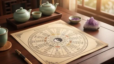 Lá số tử vi tuổi Bính Dần 1986 năm 2026 đặt trên mặt bàn gỗ cùng các vật phẩm phong thủy Á Đông