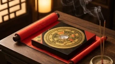 Lá số tử vi tuổi Bính Ngọ 1966 năm 2026 trên bàn gỗ cùng các vật phẩm phong thủy truyền thống