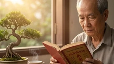 Người lớn tuổi xem tử vi tuổi bính thân 1956 năm 2026 bên ấm trà và cuốn lịch vạn niên truyền thống