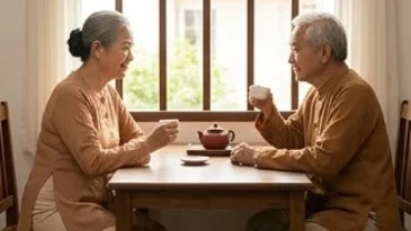 Cụ ông và cụ bà tuổi Bính Tuất xem tử vi tuổi bính tuất 1946 năm 2027 bên ly trà ấm áp