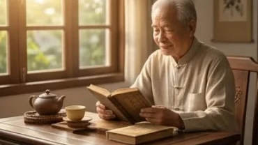 Người tuổi Canh Dần đang thưởng trà và đọc sách tử vi tuổi canh dần 1950 năm 2026 trong không gian yên bình