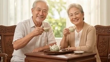 Cụ ông và cụ bà tuổi Canh Dần 1950 quây quần bình an bên con cháu trong không gian nhà Việt truyền thống