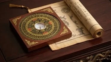 La bàn phong thủy và cuốn sổ lịch âm bằng giấy dó tượng trưng cho tử vi tuổi canh thìn 2000 năm 2027
