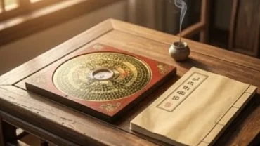 Cuốn sách tử vi tuổi canh tuất 1970 năm 2026 đặt cạnh la bàn phong thủy trên mặt bàn gỗ mộc mạc