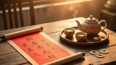 Bức tranh phong thủy và lá số tử vi tuổi Canh Tý 1960 năm 2027 bên cạnh ấm trà sen ấm áp.