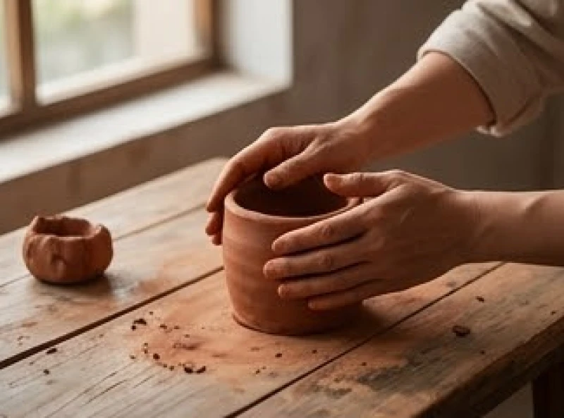Đôi bàn tay người thợ thủ công đang cẩn thận nhào nặn đất sét đỏ trên chiếc bàn gỗ mộc mạc