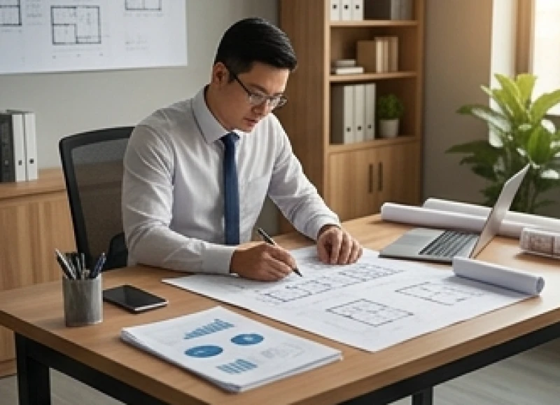 Người tuổi Dần làm việc hăng say với các bản phác thảo và tài liệu trong không gian văn phòng