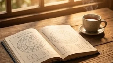 Bức tranh toàn cảnh về tử vi tuổi dần trọn đời với sách cổ và ấm trà trên bàn gỗ