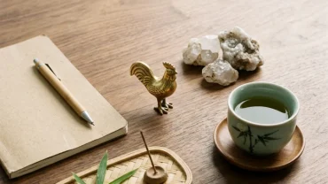 Không gian làm việc phong cách Việt Nam với vật phẩm phong thủy đại diện cho tử vi tuổi dậu năm 2026