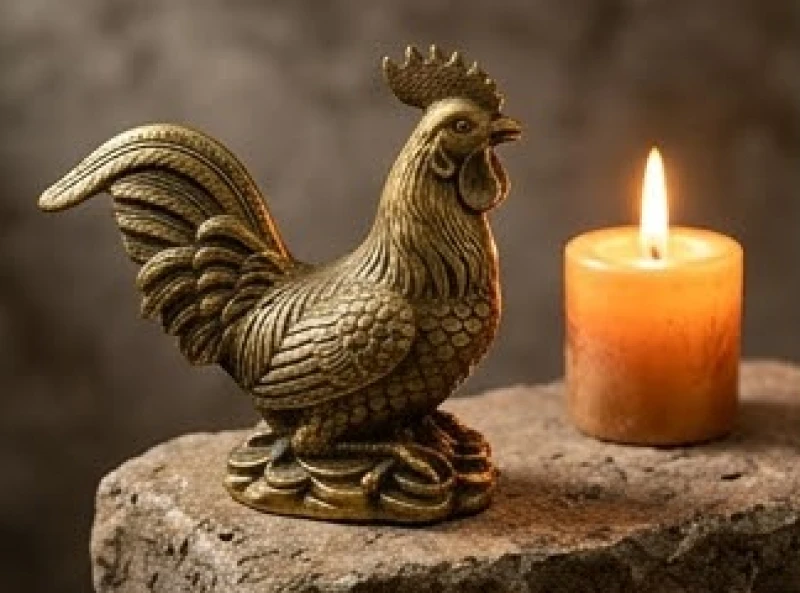 Biểu tượng gà trống ngũ hành Kim được đặt cạnh ngọn nến ấm áp đại diện cho Hỏa khí của năm Bính Ngọ