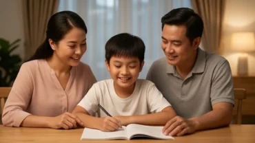 Bé trai 10 tuổi vui vẻ học bài cùng cha mẹ, phản ánh sự bình an trong tử vi tuổi đinh dậu 2017 năm 2027