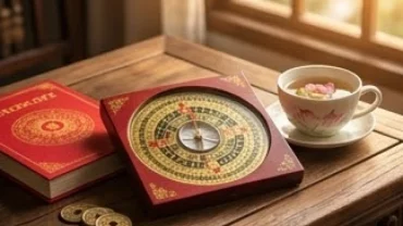La bàn phong thủy và cuốn sách tử vi tuổi đinh mão 1987 năm 2026 đặt trên bàn gỗ cổ kính
