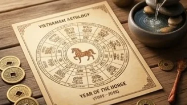 Lá số tử vi tuổi đinh sửu 1997 năm 2026 với các biểu tượng phong thủy và đồng xu cổ trên bàn gỗ