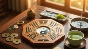 Bản đồ bát quái và các vật phẩm phong thủy minh họa cho tử vi tuổi đinh sửu 1997 năm 2027