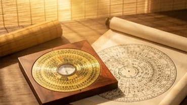 Bản đồ sao và lá số tử vi tuổi đinh tỵ 1977 năm 2026 được sắp xếp tinh tế bên cạnh la bàn phong thủy cổ