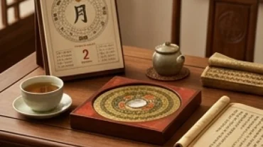 Cuốn sổ tử vi tuổi đinh tỵ 1977 năm 2027 và la bàn phong thủy đặt trang trọng trên bàn trà gỗ