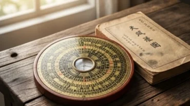La bàn phong thủy và cuốn sách tử vi tuổi Giáp Dần 1974 năm 2026 đặt trên bàn gỗ