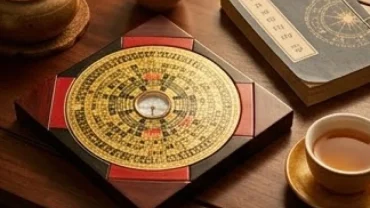 La bàn phong thủy và cuốn sách tử vi tuổi giáp dần 1974 năm 2027 đặt trên bàn gỗ truyền thống