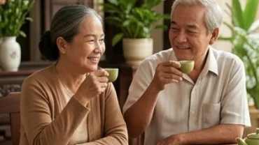 Người lớn tuổi thư thái ngồi thưởng trà trong không gian truyền thống, đại diện cho tử vi tuổi giáp ngọ 1954 năm 2026
