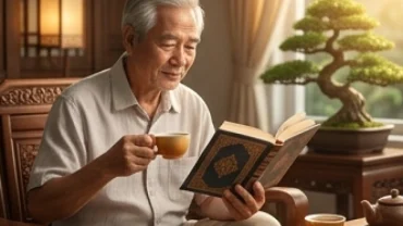 Ông lão thảnh thơi thưởng trà và chiêm nghiệm tử vi tuổi Giáp Ngọ 1954 năm 2027