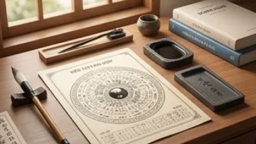 Lá số tử vi tuổi giáp ngọ 2014 năm 2027 đặt cạnh bút lông và sách học tập trên bàn gỗ