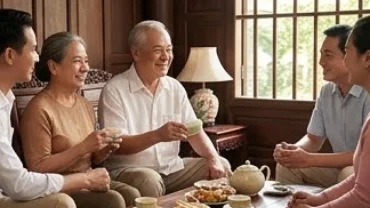 Cụ ông và cụ bà xem tử vi tuổi giáp thân 1944 năm 2027 cùng con cháu trong không gian gia đạo bình an