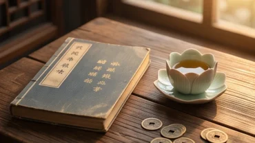 Cuốn sổ tử vi tuổi giáp tý 1984 năm 2026 đặt cạnh chén trà sen và đồng xu phong thủy trên bàn gỗ