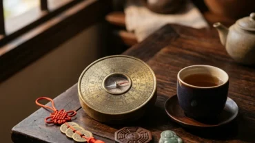 Cuốn sách tử vi tuổi hợi và các vật phẩm phong thủy truyền thống được bài trí gọn gàng trên chiếc bàn gỗ cổ xưa