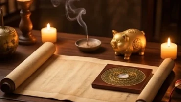 Bức tranh phong thủy đại diện cho tử vi tuổi hợi năm 2026 với tượng lợn vàng và la bàn tinh xảo