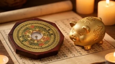 Bản đồ phong thủy và tượng heo vàng đại diện cho tử vi tuổi hợi năm 2027