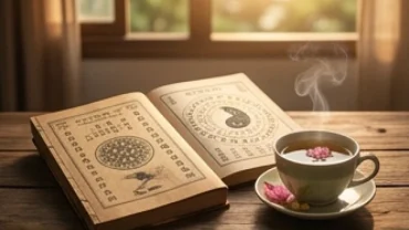 Bản tử vi tuổi kỷ hợi 1959 năm 2026 đặt cạnh chén trà sen và cuốn lịch vạn sự trên bàn gỗ