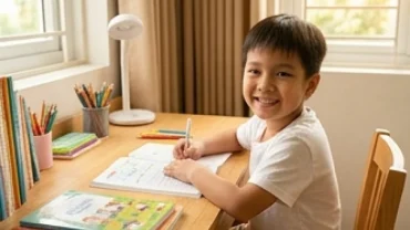 Bé trai Kỷ Hợi 2019 tươi cười ngồi học bài tại nhà với năng lượng tích cực từ tử vi tuổi kỷ hợi 2019 năm 2026