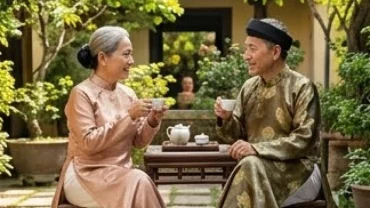 Ông bà lão thảnh thơi uống trà trong sân vườn bình yên đón xem tử vi tuổi kỷ sửu 1949 năm 2026