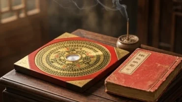La bàn phong thủy và cuốn sách tử vi tuổi kỷ sửu 1949 năm 2027 đặt trên bàn gỗ truyền thống