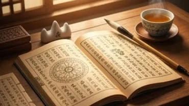Lá số tử vi tuổi kỷ sửu 2009 năm 2026 trên bàn gỗ cùng bút nghiên và cuốn sách tử vi phong thủy cổ