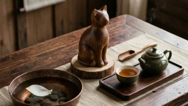 Biểu tượng mèo phong thủy bằng gỗ đại diện cho tử vi tuổi mão trong năm Bính Ngọ