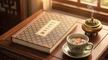 Cuốn sách tử vi tuổi mậu thân 1968 năm 2026 đặt cạnh chén trà sen