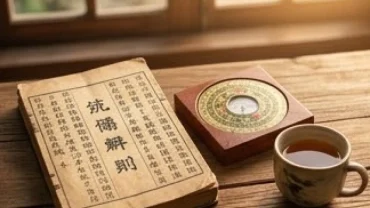 Cuốn sách tử vi và la bàn phong thủy đặt trên bàn gỗ, đại diện cho tử vi tuổi mậu thân 1968 năm 2027