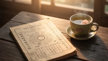 Cuốn sổ tử vi và tách trà sen trên bàn gỗ thể hiện tổng quan tử vi tuổi mậu thìn 1988 năm 2026